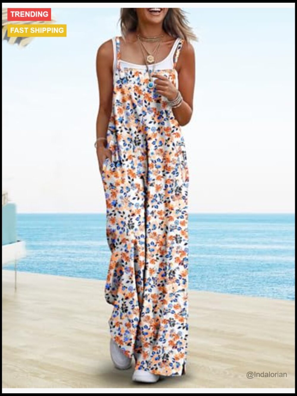 Women's Summer Boho Cotton Casual Jumpsuit Wide Leg Overalls Floral Print Baggy - Picture 3 of 7